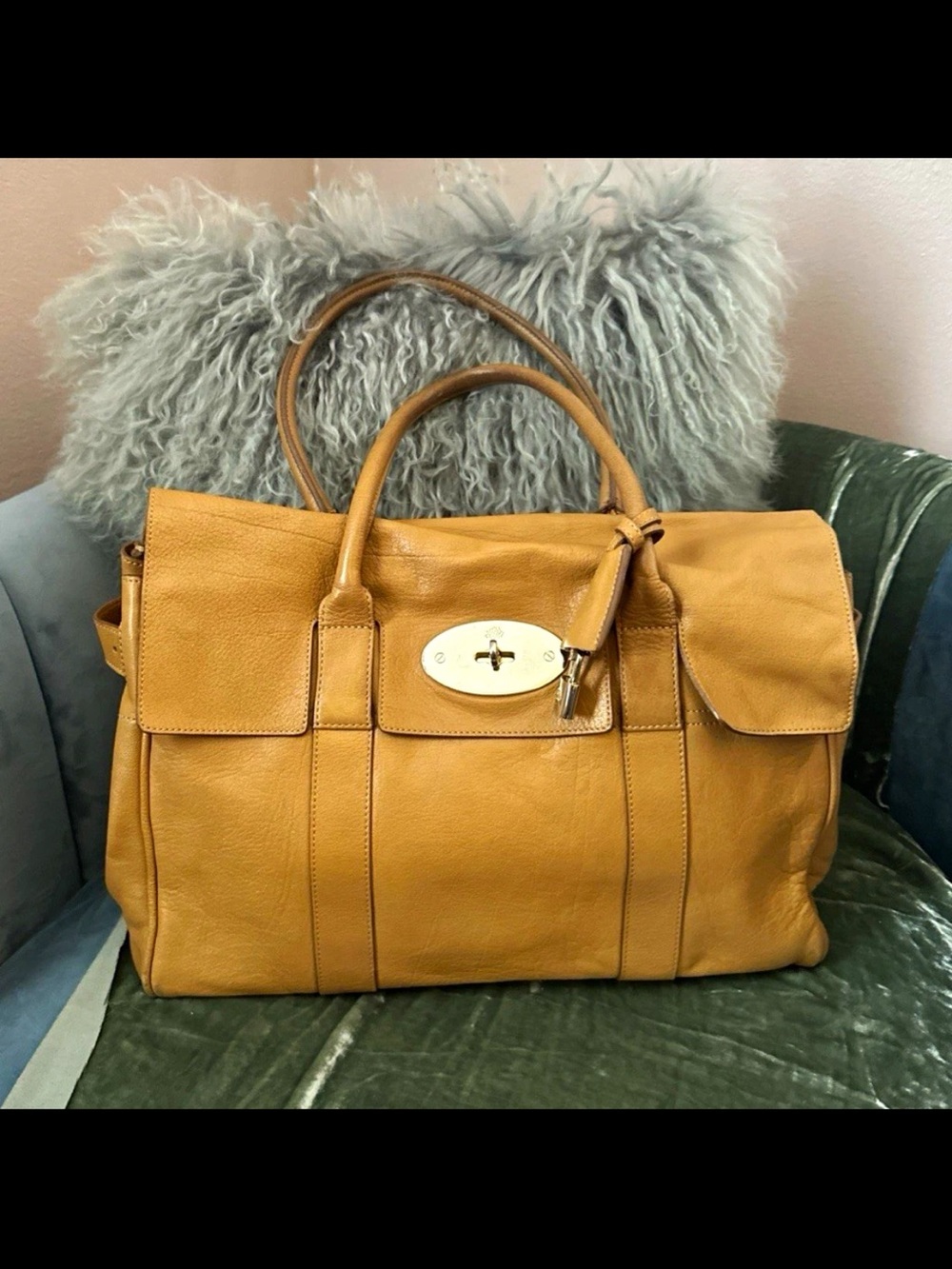 Mulberry Mustard Oak Brown Leather Tote with Turn-Lock